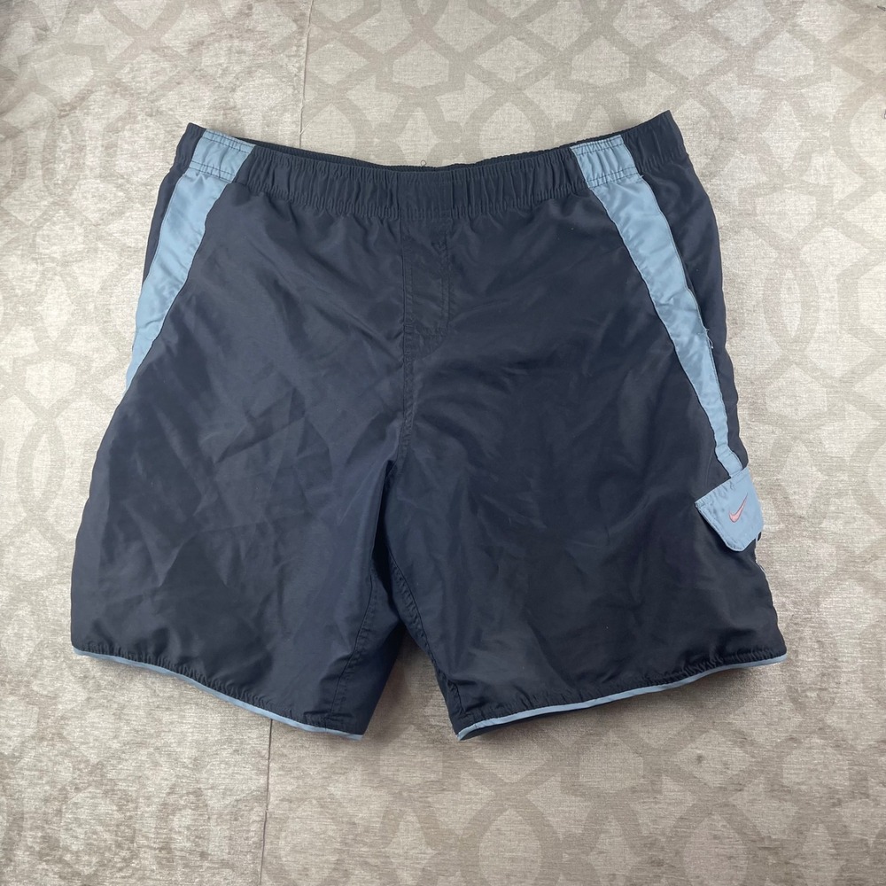 Nike Swim Trunks Mens Large Black Blue Cargo Pocket Mesh Lined Board Shorts L